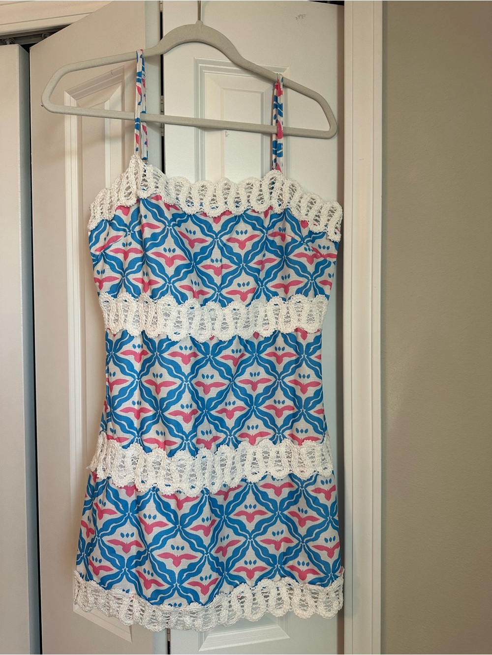 Blue & Pink Geometric Print Mini Dress with White Lace Trim